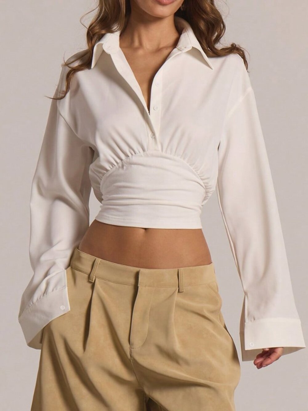 White Casual Women's Pocket Ruched Collared Drop Shoulder Long Sleeve Shirt